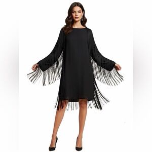 Twelfth St By Cynthia Vincent Black Fringe Long Sleeve Boho Western Chic Dress